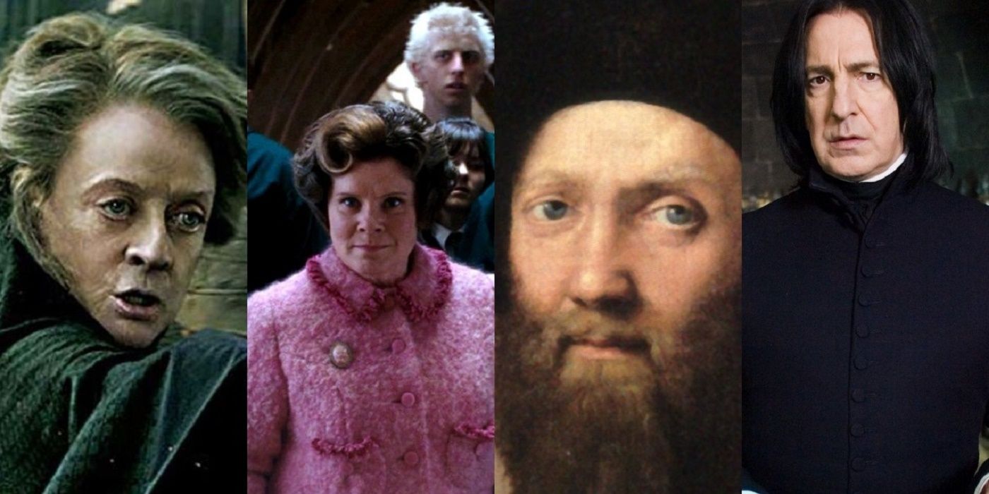 A four-split image of Professor mcgonagall Dolores Umbridge Phinneas Nigellus Black and Snape