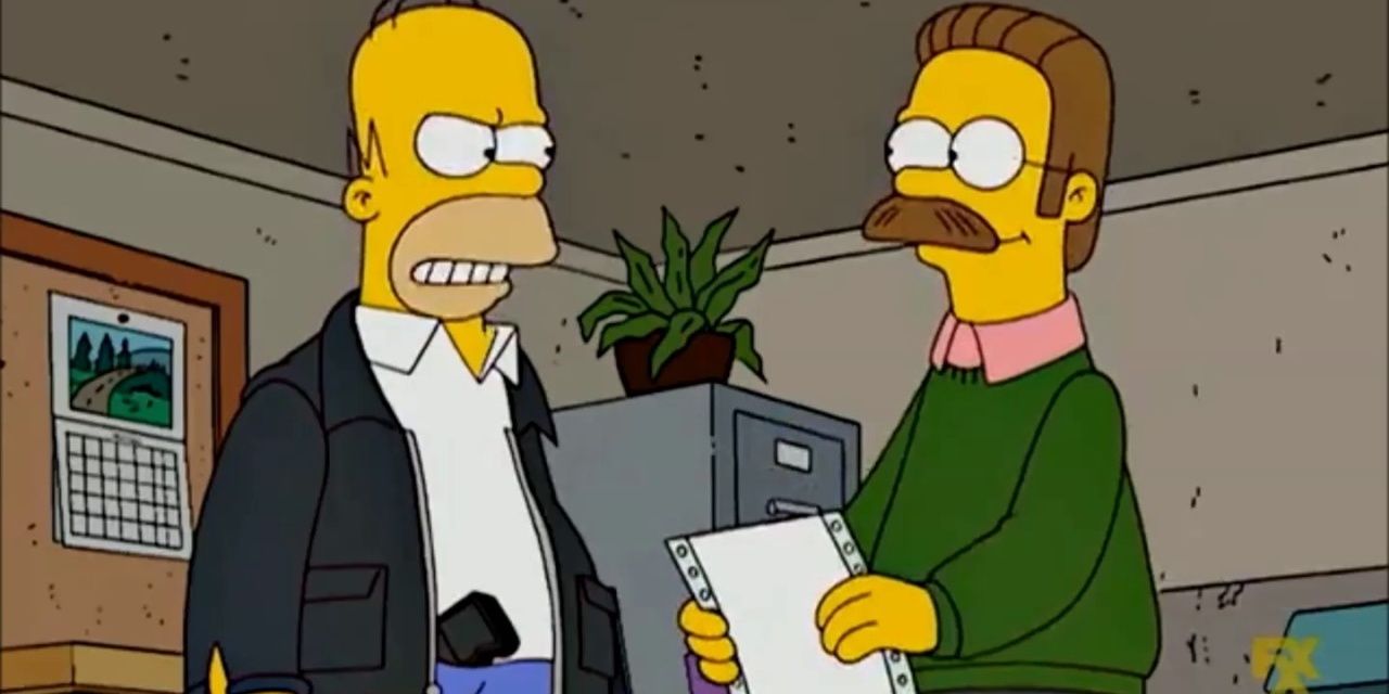 Homer mad at Ned in The Simpsons