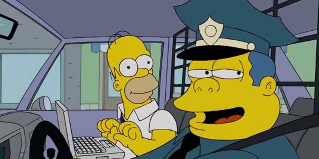 Homer and Chief Wiggum in his police car
