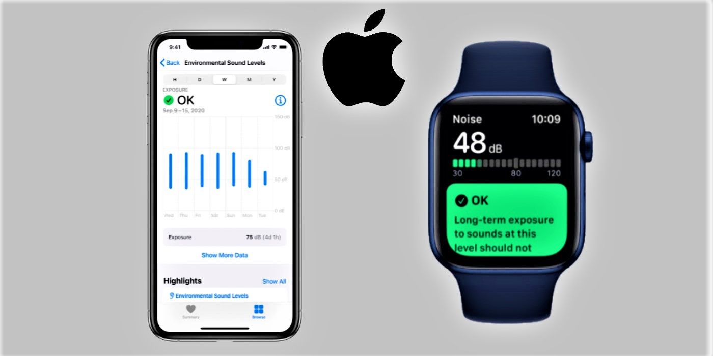 iPhone and Apple Watch displaying respective noise level apps