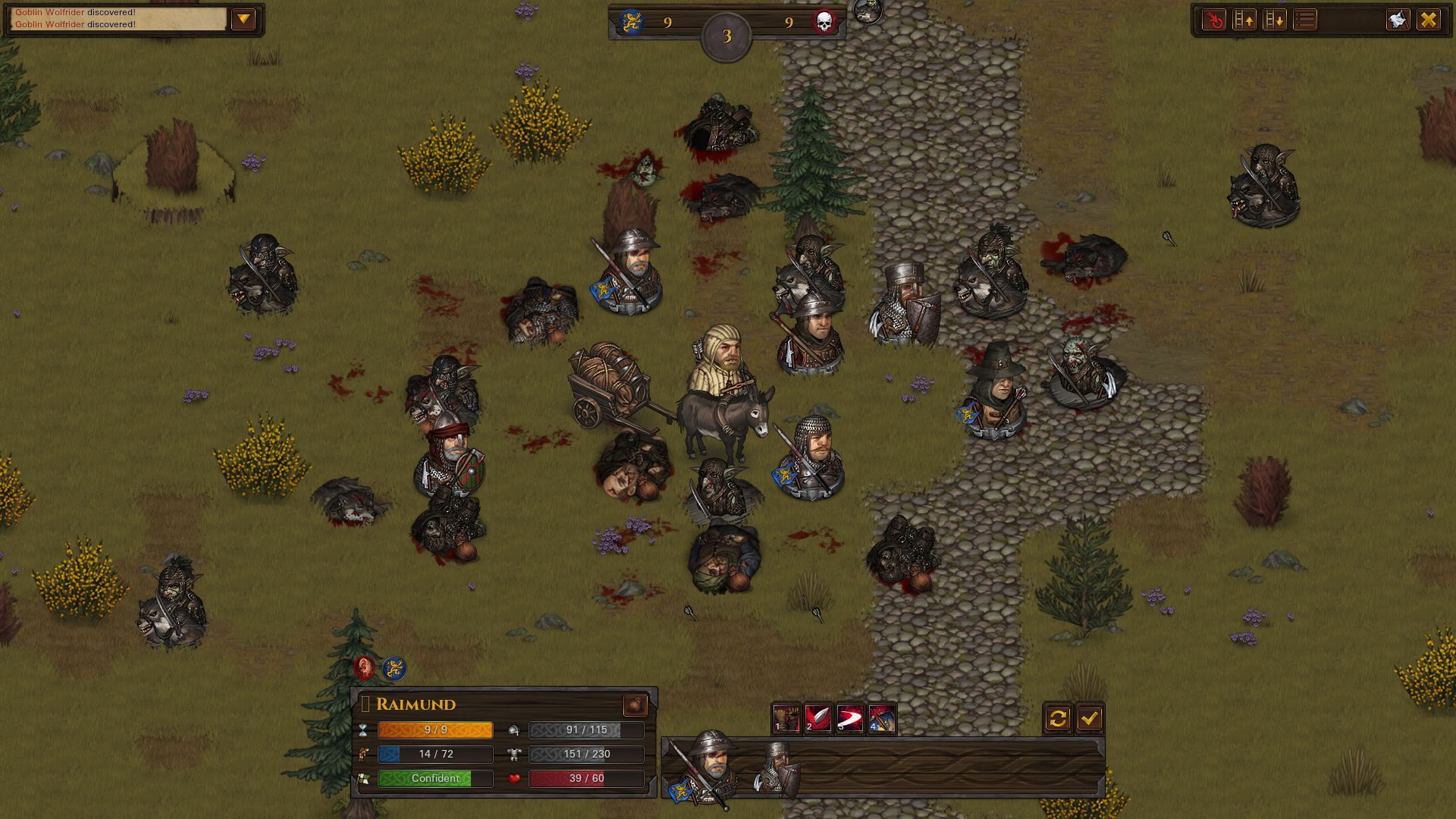 Battle Brothers Combat with heroes, enemies, and donkey