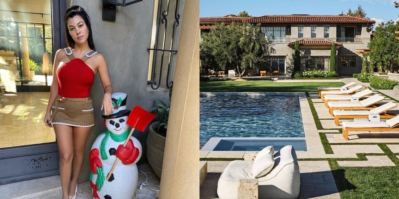 Kourtney Kardashian in a red halter top and skirt on left and her calabasas home on the right.