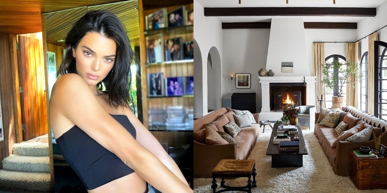 A split image of Kendall Jenner posing in a black crop top on left and the living room of her Beverly Hills home on right.