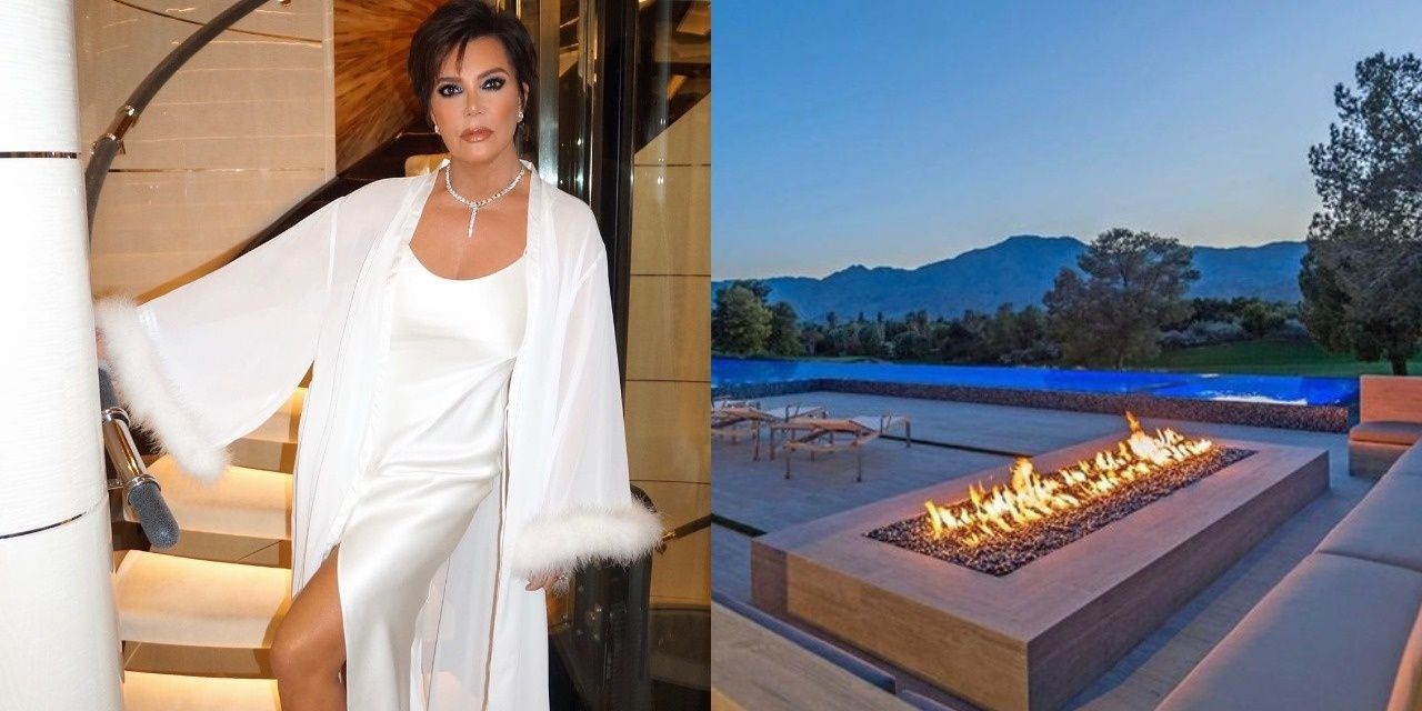 Kris Jenner in a white wintery gown and cape and the outdoor fire pit in her La Quinta mansion.
