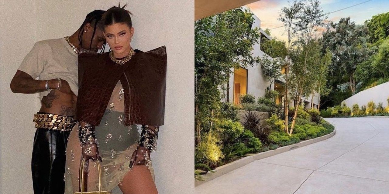 A split image of Kylie Jenner and Travis Scott wearing Matthew Williams' new line on left and the driveway of their post office mansion.
