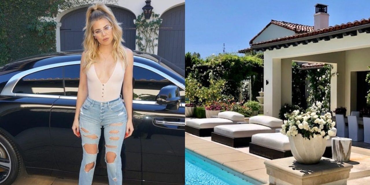 Khloe Kardashian in front of her car and on the right the pool from her calabasas home.