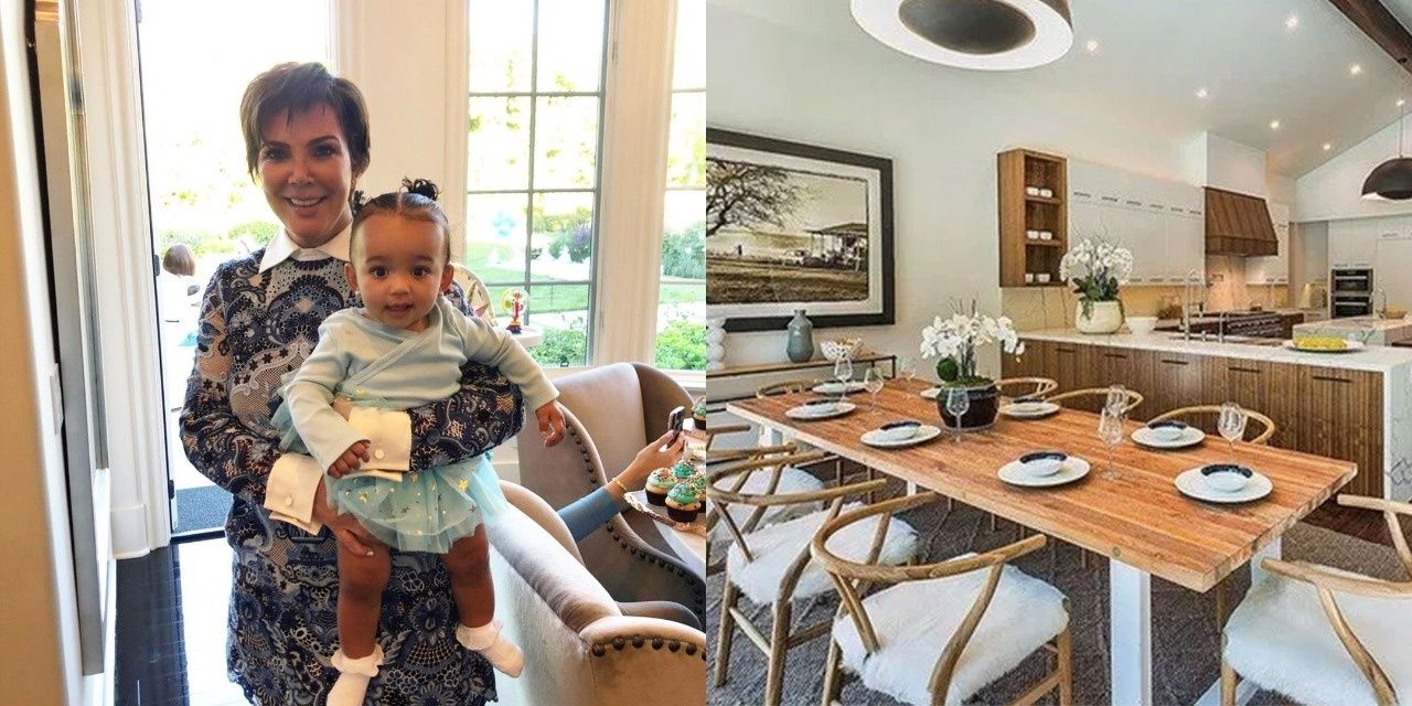 Kris jenner with granddaughter Chicago on the left and her hidden hills dining room on the right.