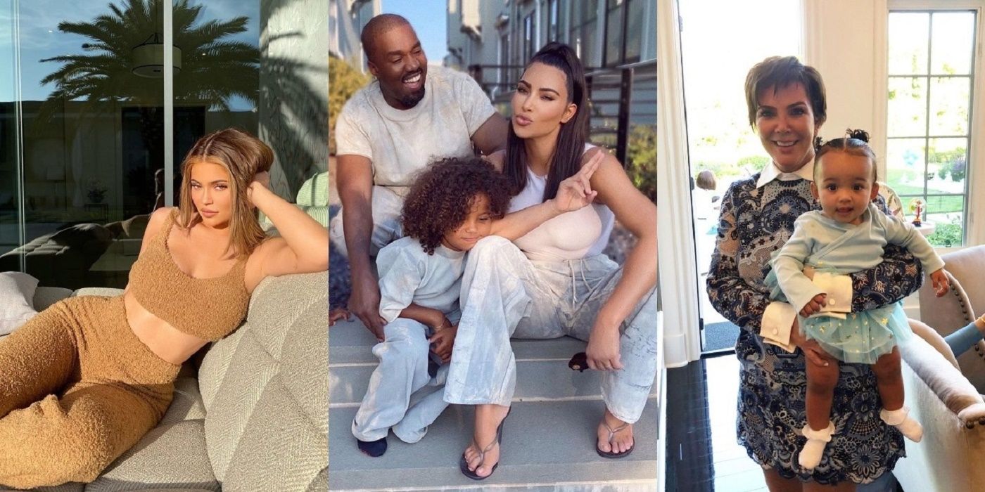 An three-part image of kylie jenner in her holmby hills mansion, kim and kanye in their beverly hills home and Kris jenner with baby Chicago at her hidden hills home