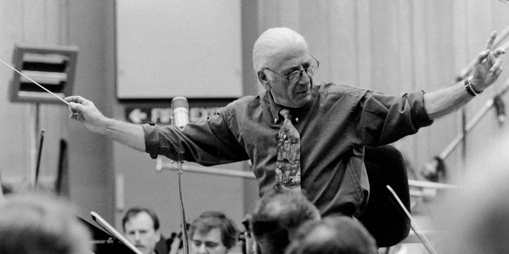 Jerry Goldsmith conducting orchestra