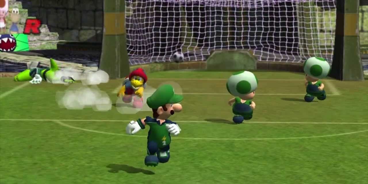Luigi after scoring a goal in Super Mario Strikers 