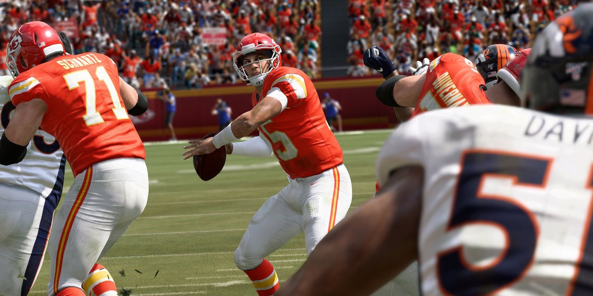 Patrick Mahomes III preparing to throw the football in Madden NFL 20.