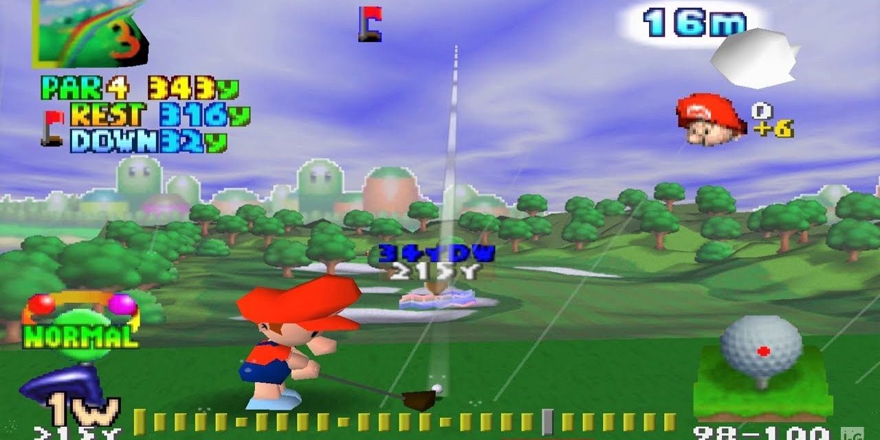 Baby Mario preparing to swing in Mario Golf on the N64