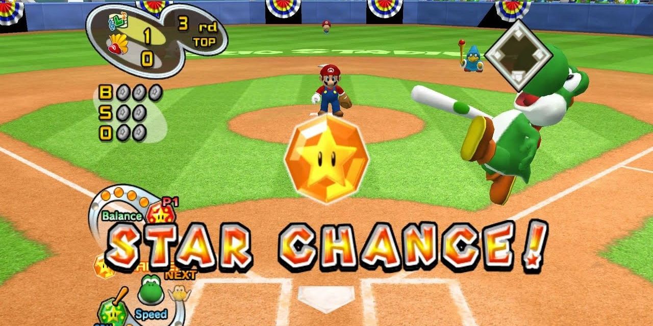 Yoshi preparing to hit in Mario Superstar Baseball 