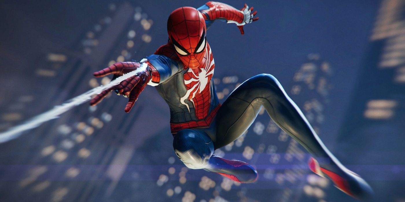 Spider-Man swinging through NYC at night.