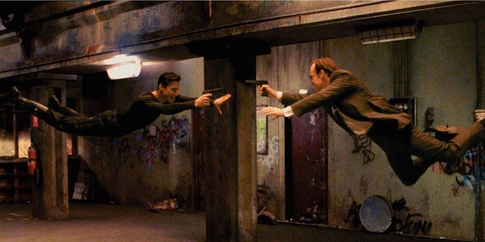 Neo and Agent Smith flying fight in The Matrix
