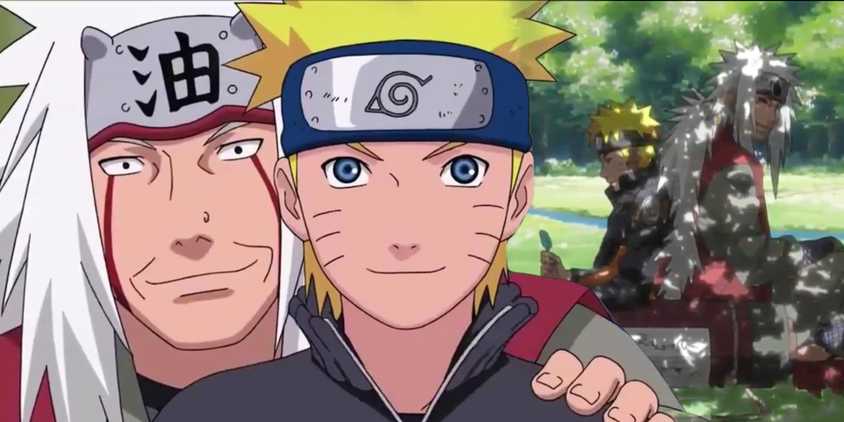 Image of Naruto and Jiraiya standing next to each other and smiling while Naruto tries on new clothes. The two sitting back to back in the background under a shady tree.