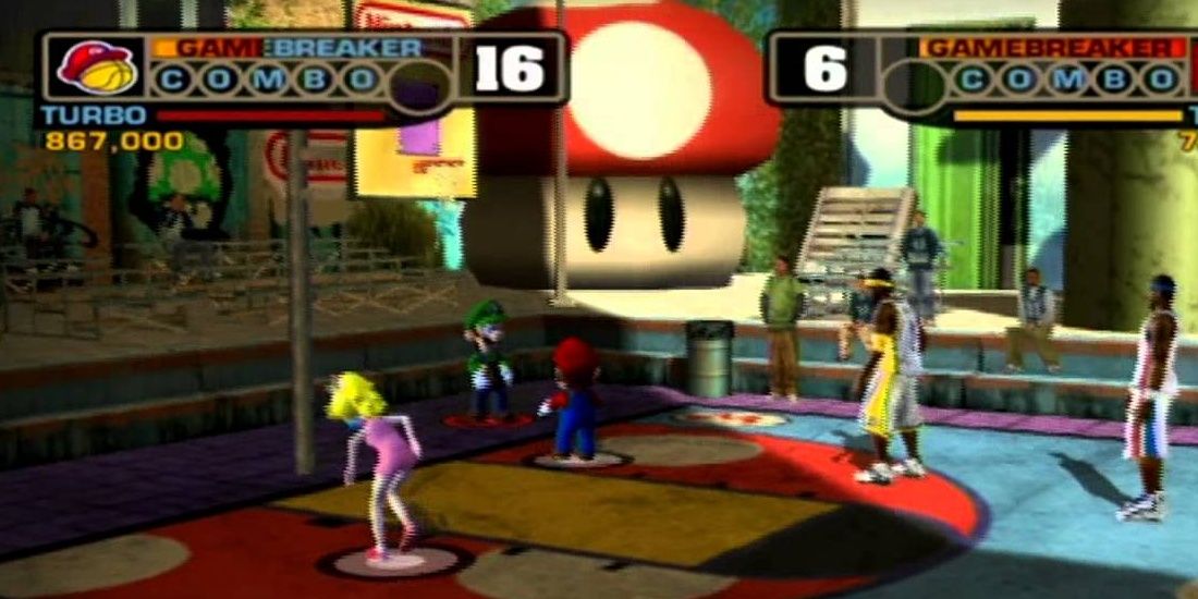 Mario, Peach and Luigi playing basketball in NBA Street V3