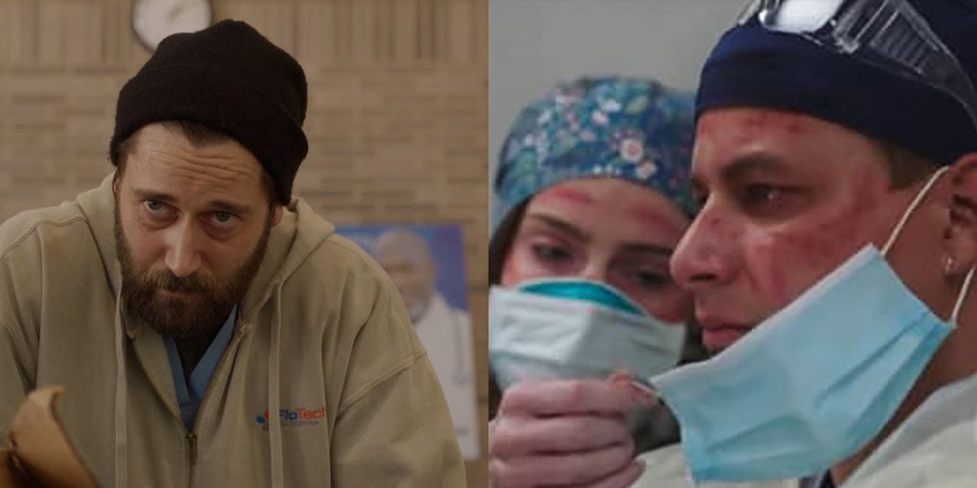 Split image from New Amsterdam of Max looking ill, hunched over with a toque and Dr. Bloom and nurse Casey wearing masks with red marks all over their faces, sitting in a corner in their scrubs clearly exhausted
