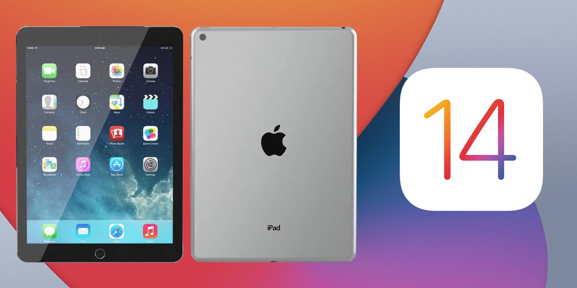 iPad Air 2 next to the iOS 14 logo