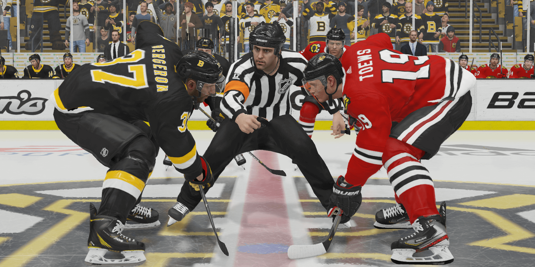Patrice Bergeron in a faceoff in NHL 21