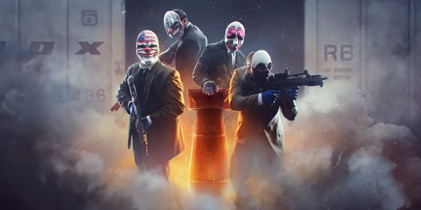 payday 2 bomb heists dlc with a masked group in a cloud of smoke