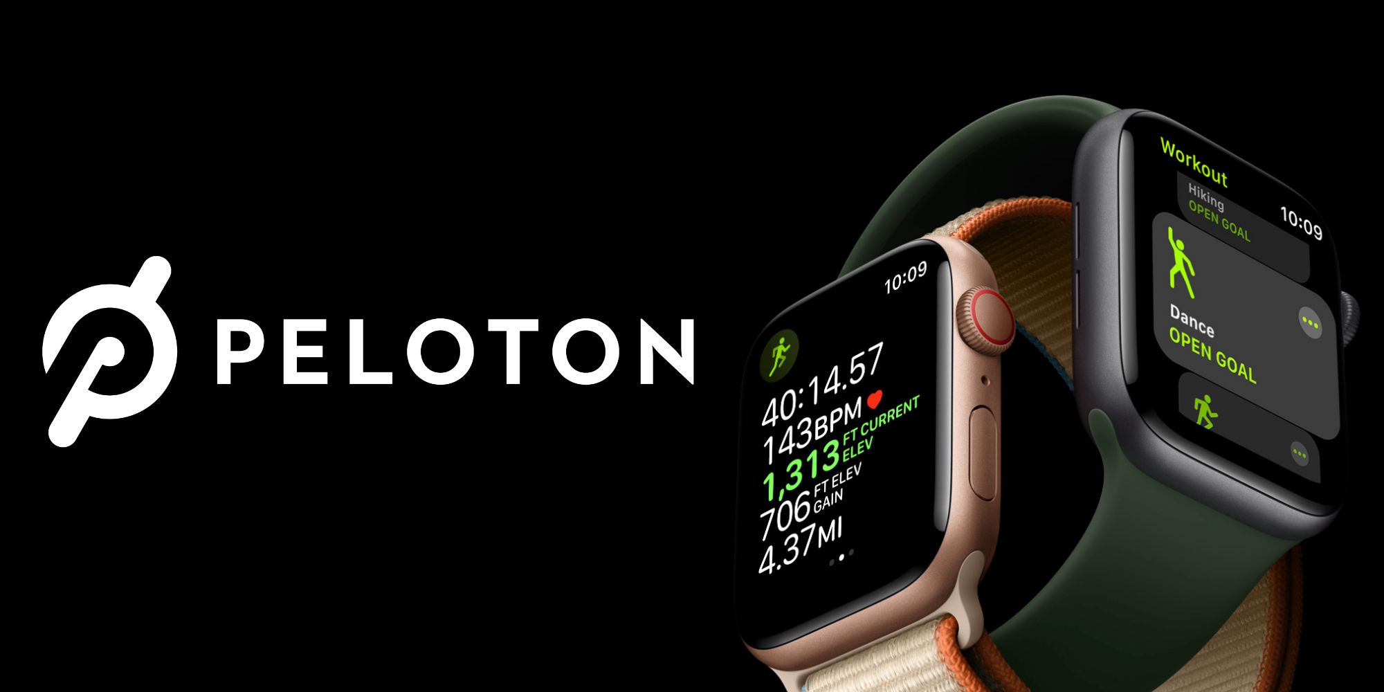 Peloton logo next to an Apple Watch
