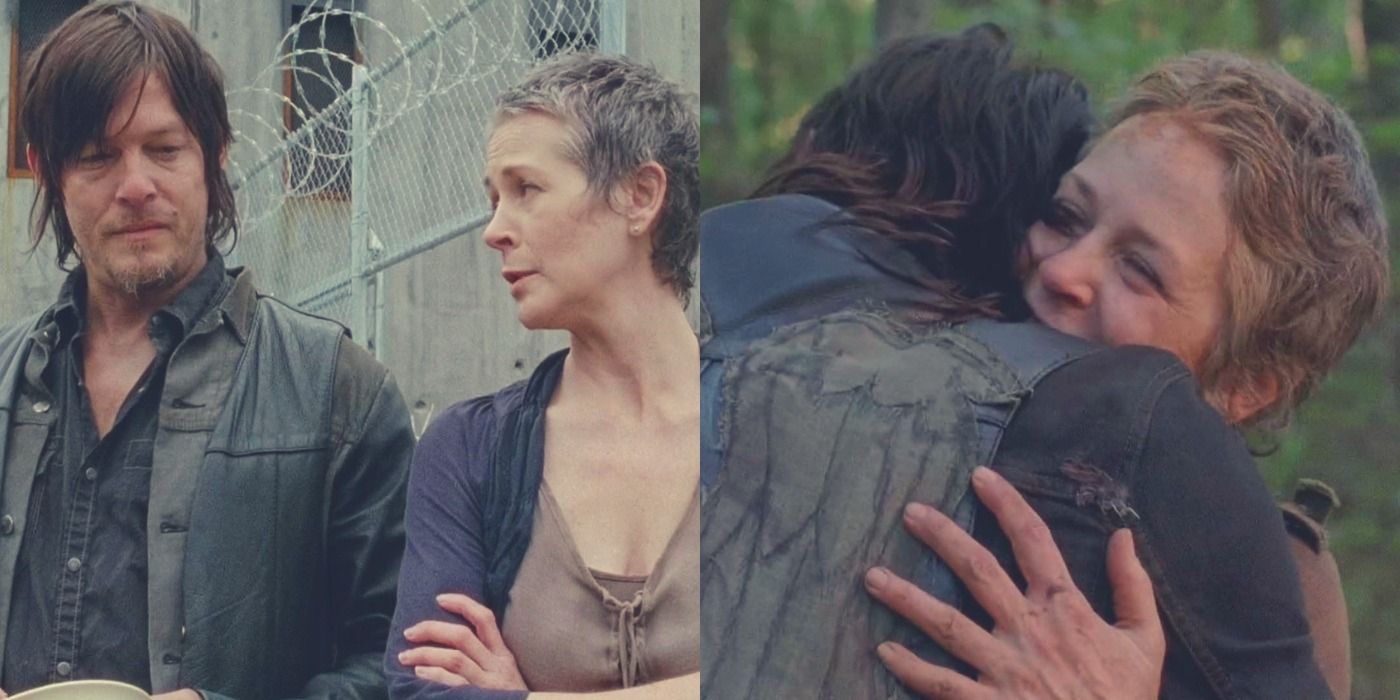 Carol and Daryl talking and hugging