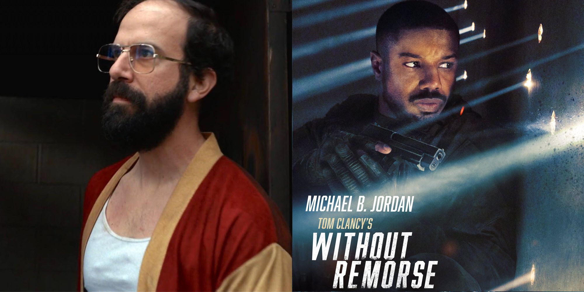 picture of Brett Gelman and Michael B. Jordan in Tom Clancy's Without Remorse holding up a gun