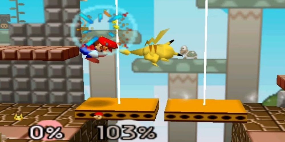 Pikachu kicking Mario in Super Smash Bros.