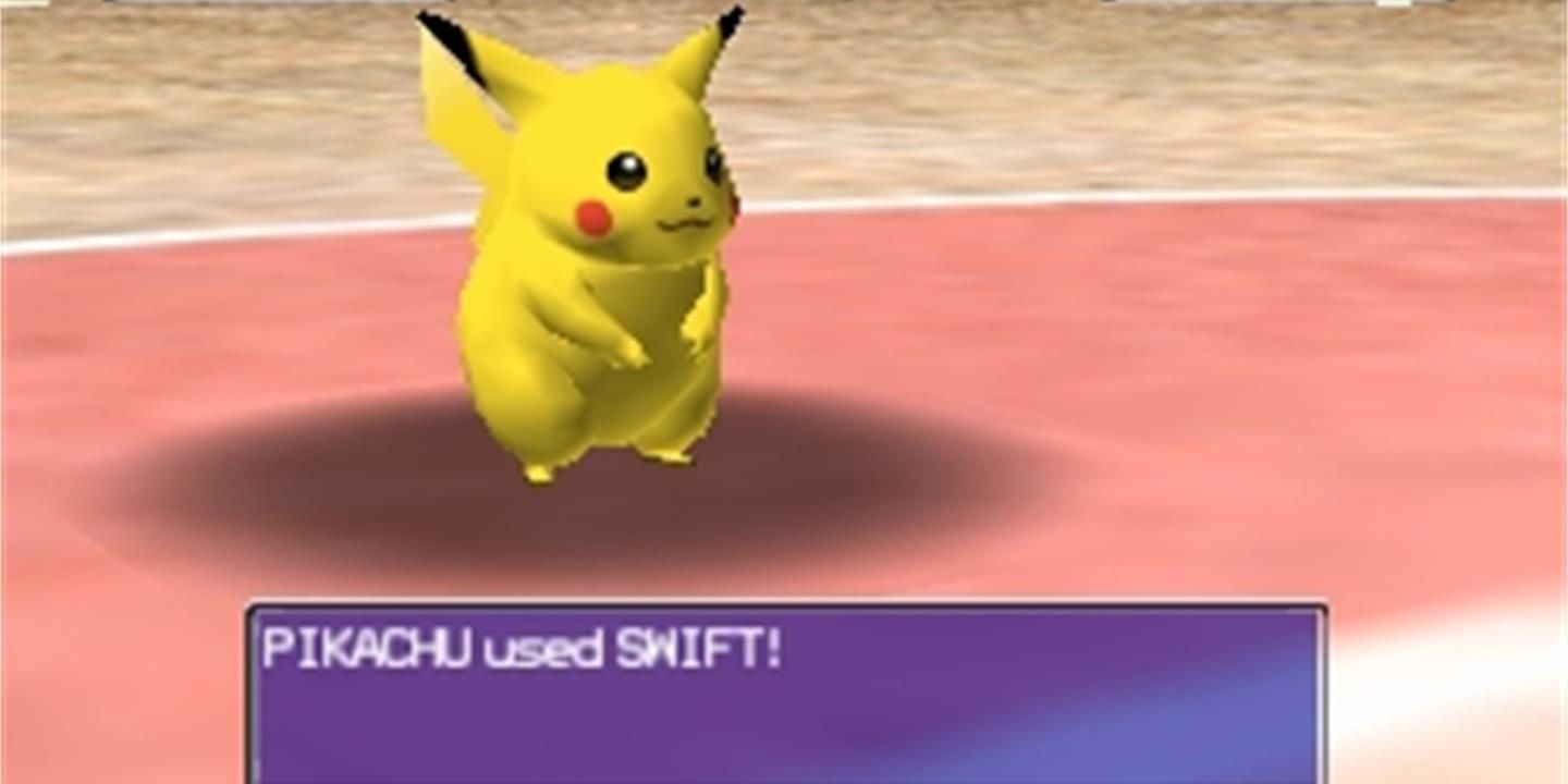 Pikachu no Pokemon Stadium, no meio de uma batalha onde uma caixa de texto diz, 