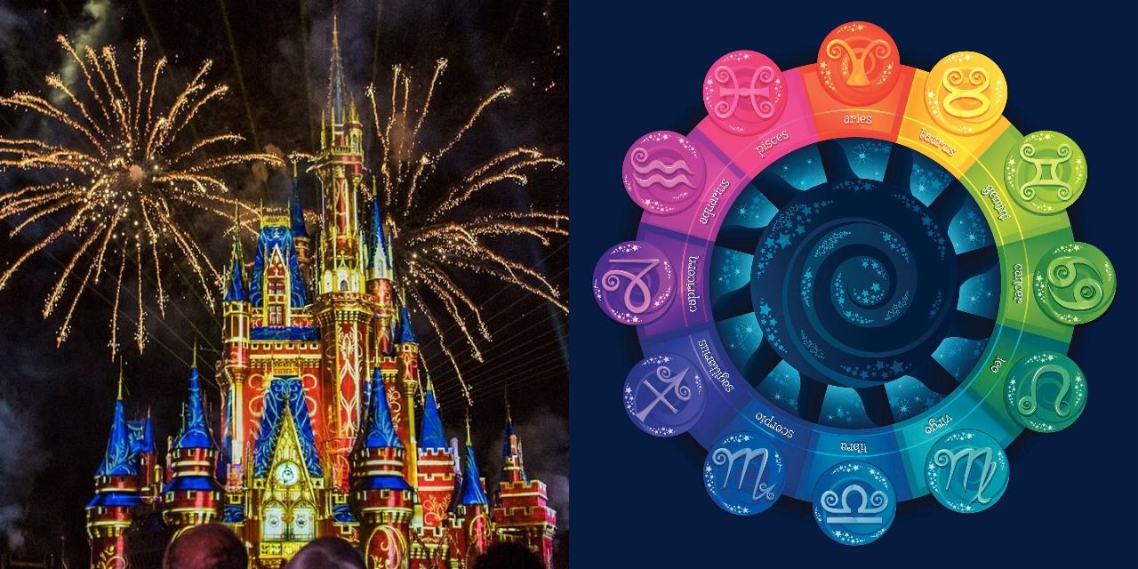 Fireworks explode over Cinderella Castle and a wheel of Zodiac signs
