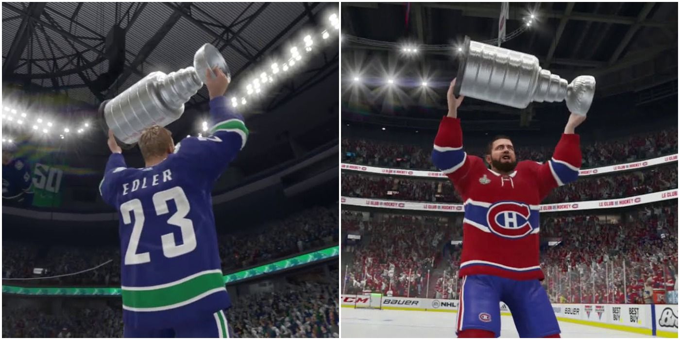Two players hoisting the Stanley Cup in NHL 21