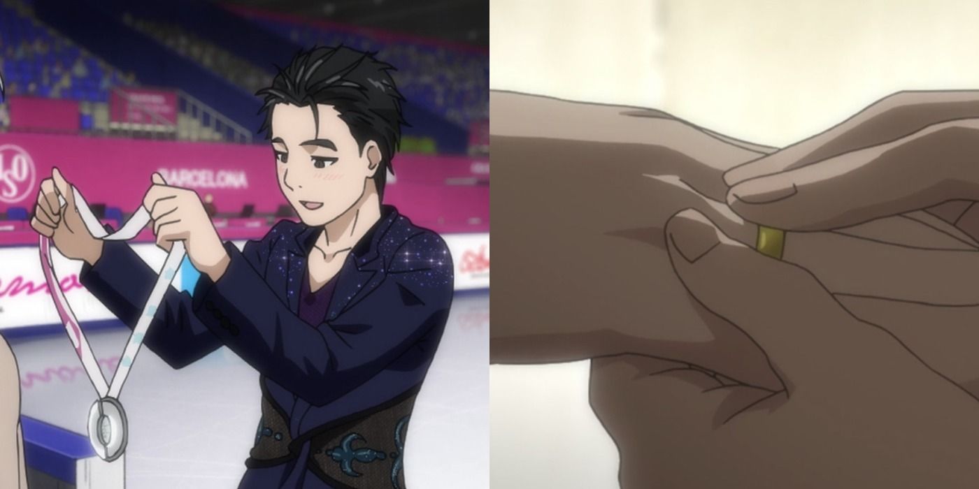 Yuri and a medal, Victor and Yuri getting engaged
