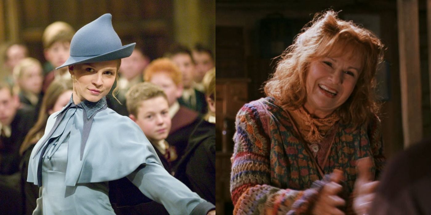 A split image showing Fleur in her school uniform on the left and Molly at her home on the right both from Harry Potter