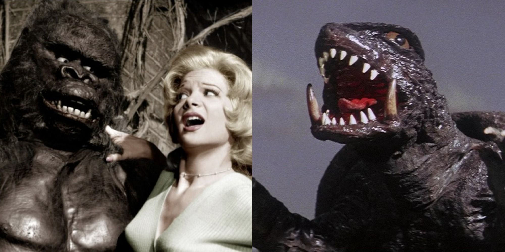 Split image of Konga with a woman and Godzilla