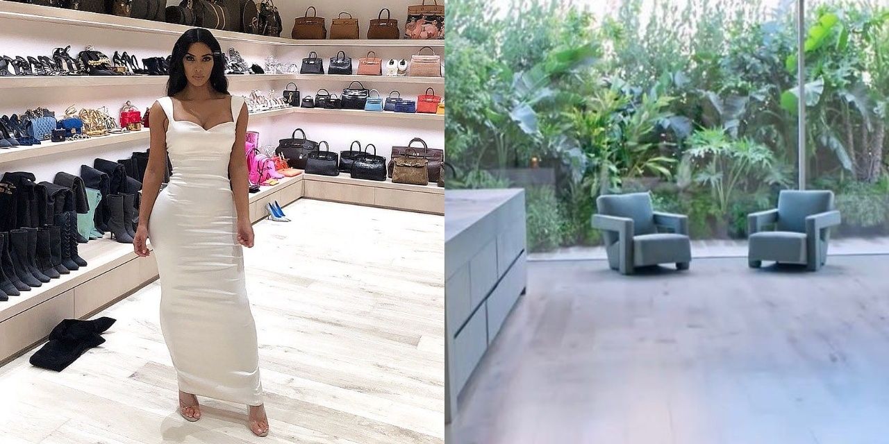 A split image of Kim Kardashian in a white gown posing in her closet and the glass-walled living room of her home on the right.
