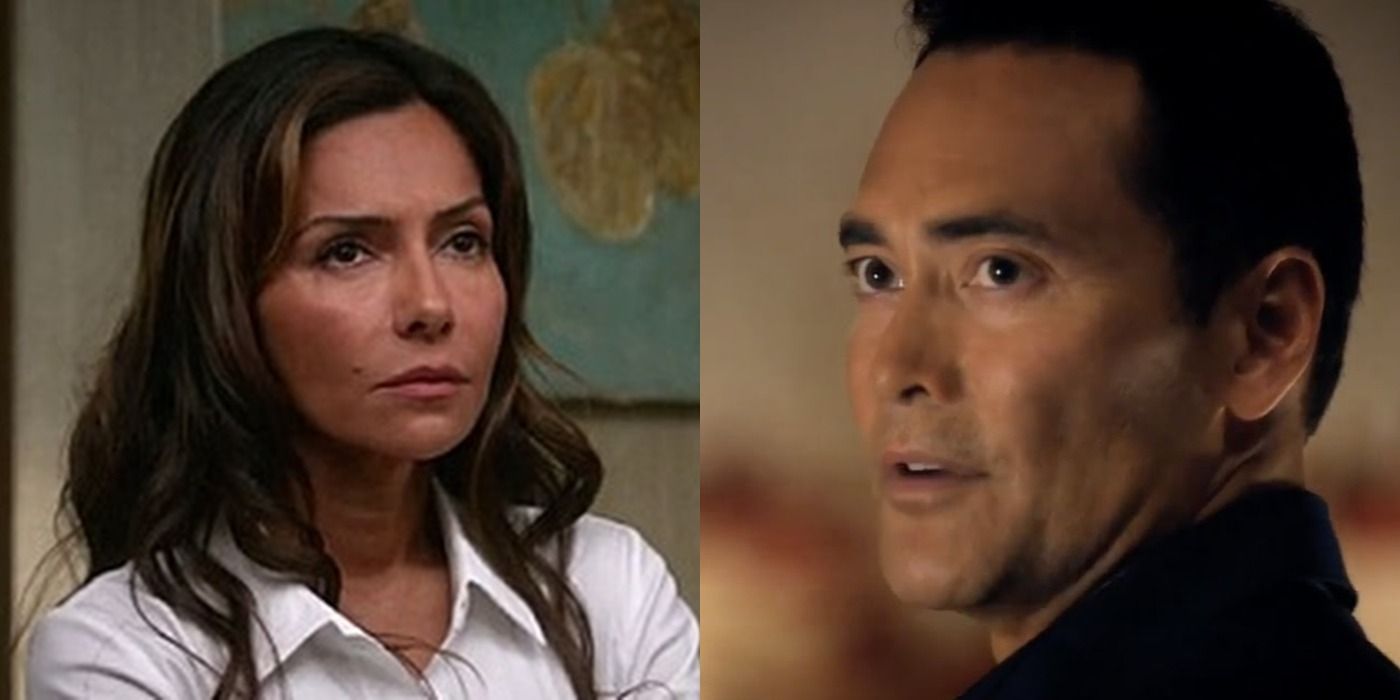 Olivia Victor on left, Wo Fat on right in Hawaii Five-0 split image