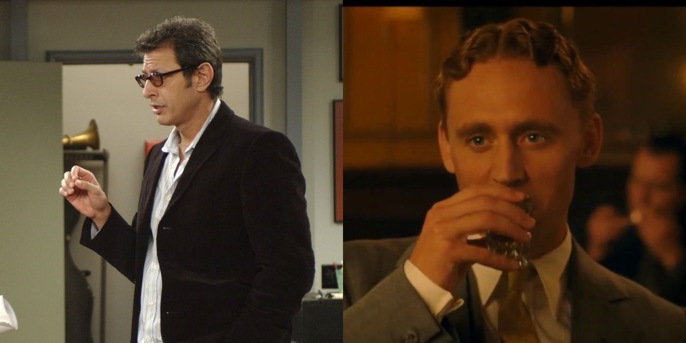 Jeff Goldblum on left, and Tom Hiddleston on right Thor trilogy split image