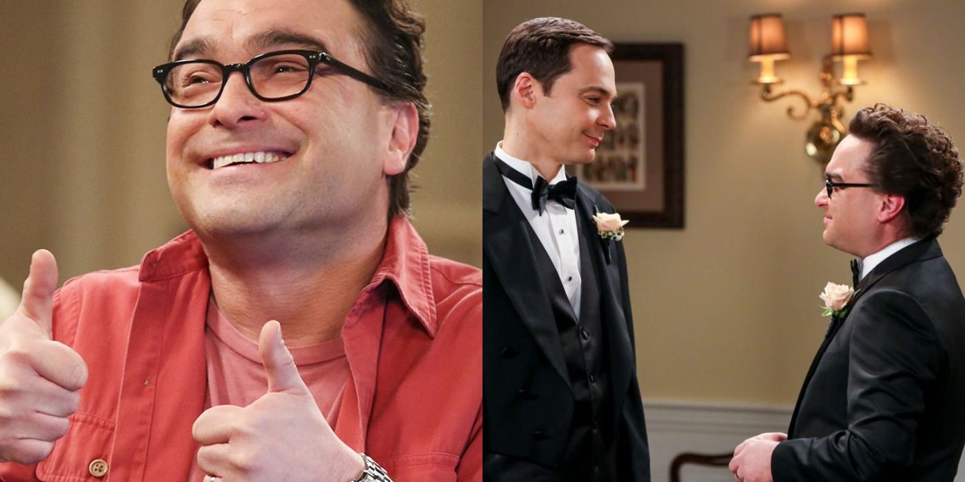 Leonard on left, Sheldon and Leonard on right Big Bang Theory split image
