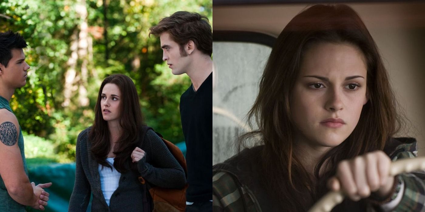 Jacob, Bella and Edward on left, Bella driving on right Twilight split image