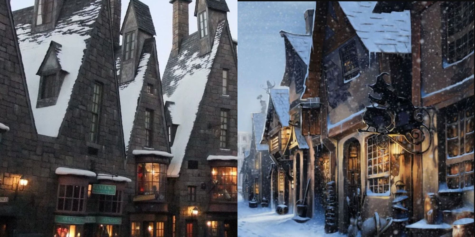 Split image of Hogsmeade - illustration on right and movie still on left