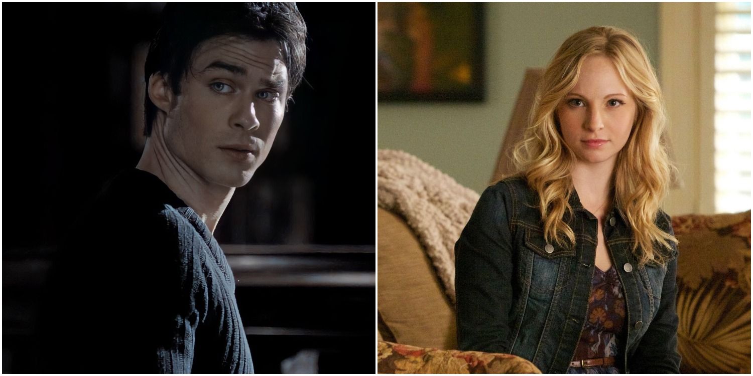 Split image of Damon Salvatore and Caroline Forbes from The Vampire Diaries