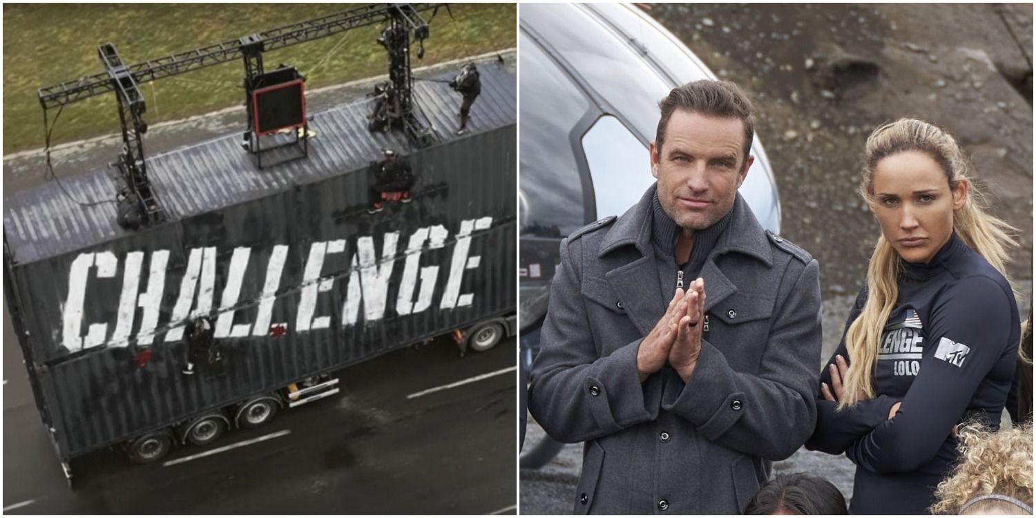 Split image of daily challenge semi-truck rig and host TJ Lavin next to Lolo Jones in Double Agents