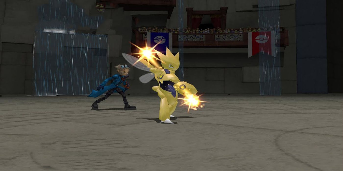 A shiny Scizor battling in Pokemon Colosseum 
