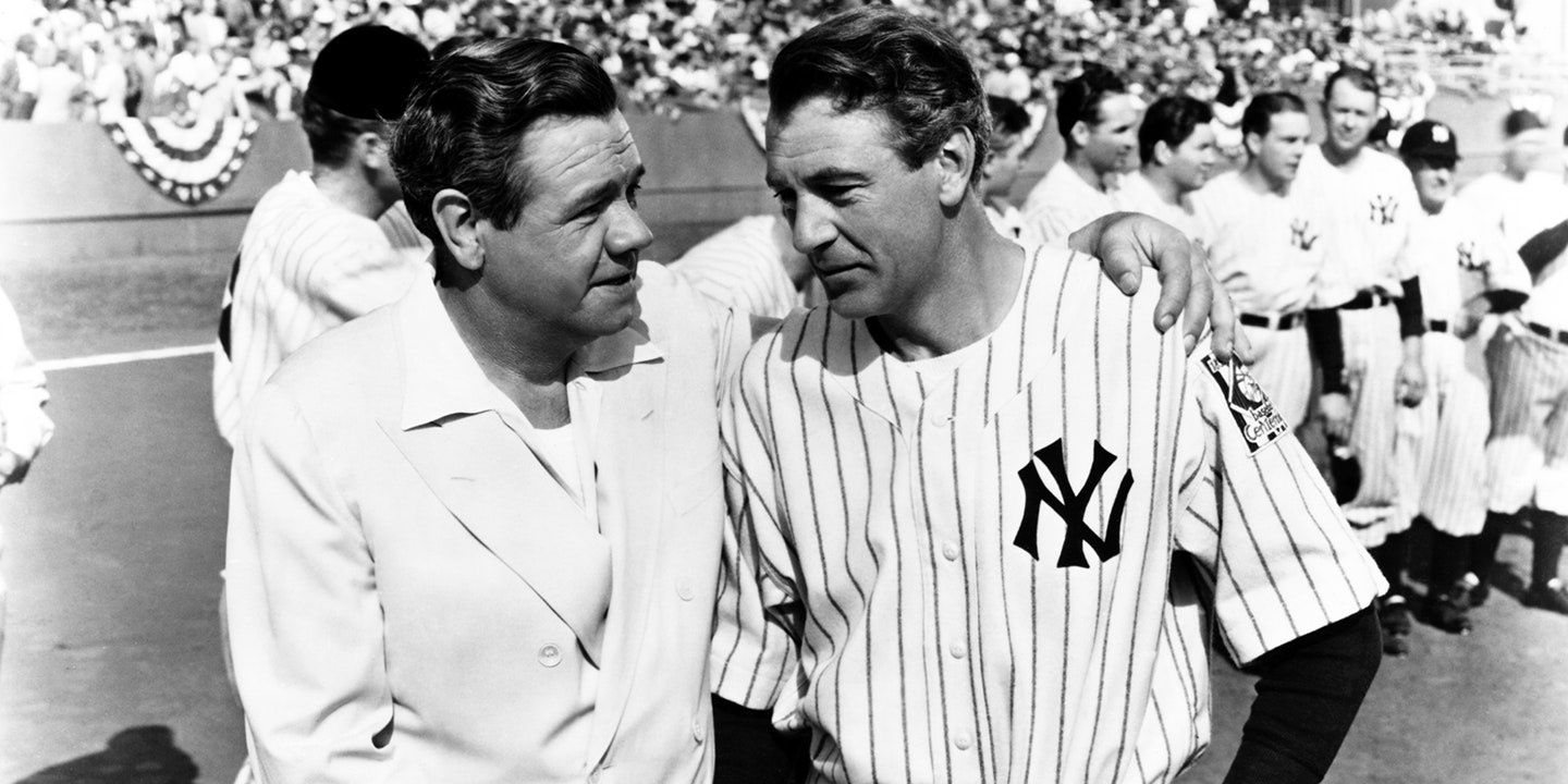Babe Ruth embraces Lou Gehrig in Pride of the Yankees