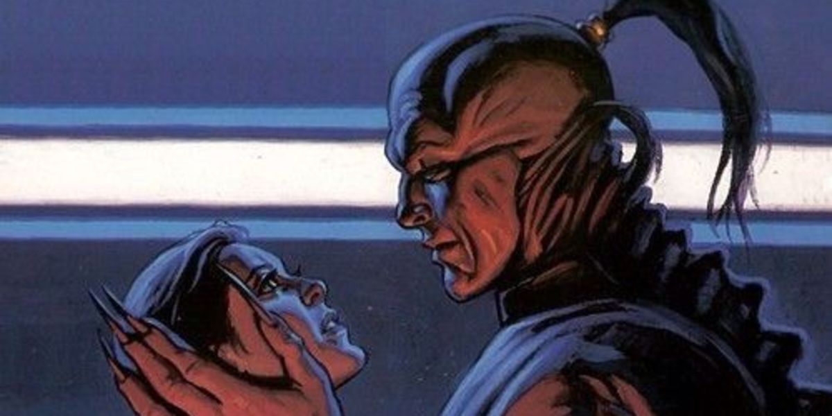 Prince Xizor, a green-skinned alien with ridges along his spine and clawed hands forcing an embrace on Princess Leia in formal attire in Shadows of the Empire 