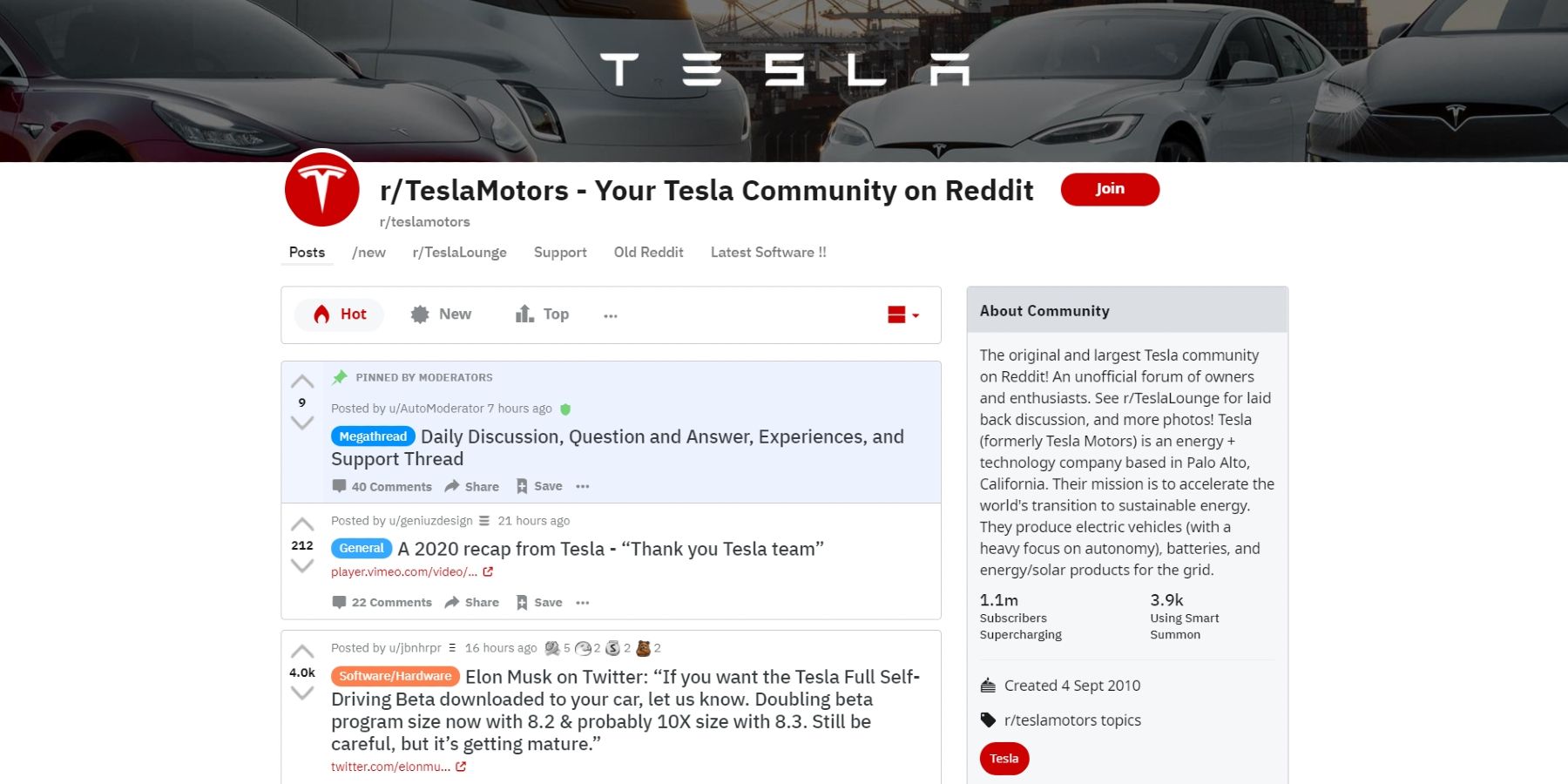 r/TeslaMotors subreddit screenshot