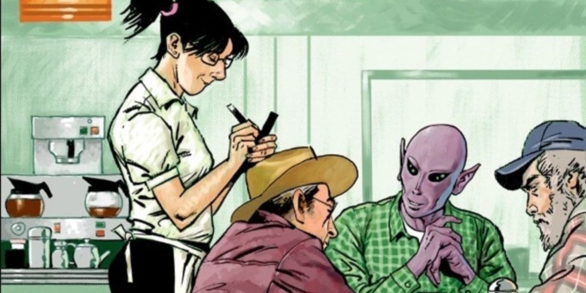 An image from the Resident Alien comic book by Peter Hogan and Steve Parkhouse