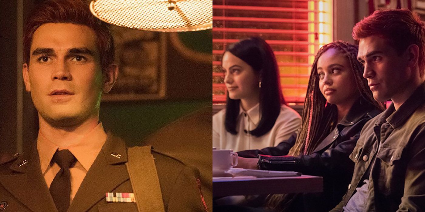 A split image of scenes of Riverdale season 5. In the first part, the readers can see Archie in his army unifrom. In the other, it is an image of Archie, Toni, and Archie sitting in a booth at Pop's