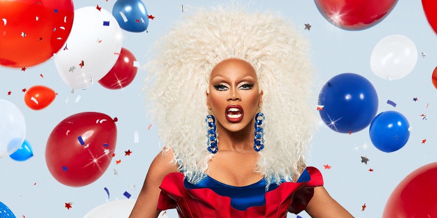 RuPaul surrounded by balloons in RuPaul's Drag Race.